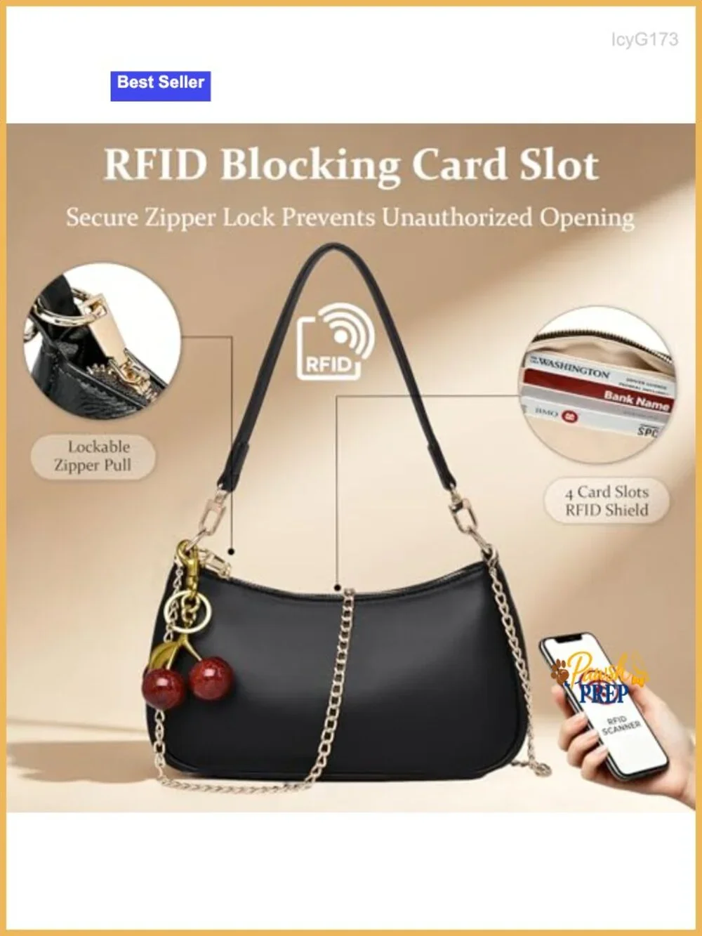 Small Faux Leather Hobo Crossbody Bag with Cherry Charm and RFID Blocking